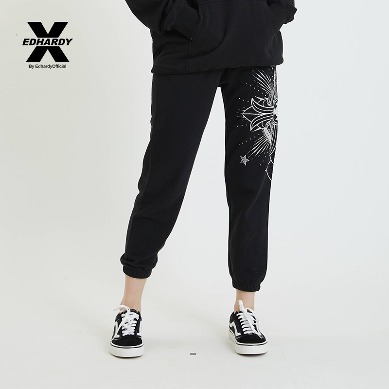 edhardy新品女士时尚宽松休闲运动印花烫钻长裤休闲裤