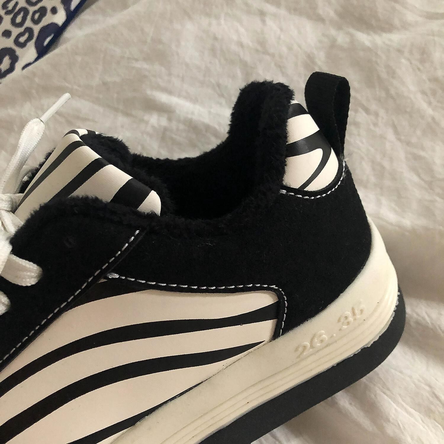 森女女鞋厚底斑马大头鞋女圆春季黑色运动鞋秋冬单鞋