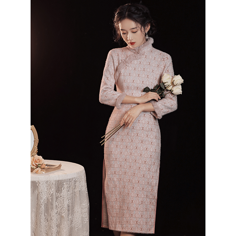 民国中式长袖粉色学生国风中国改良复古新中式旗袍