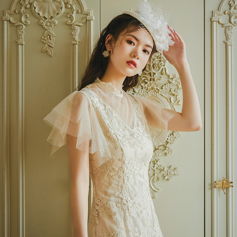 白色旗袍朝花夕拾复古蕾丝婚纱少女2021年新款旗袍