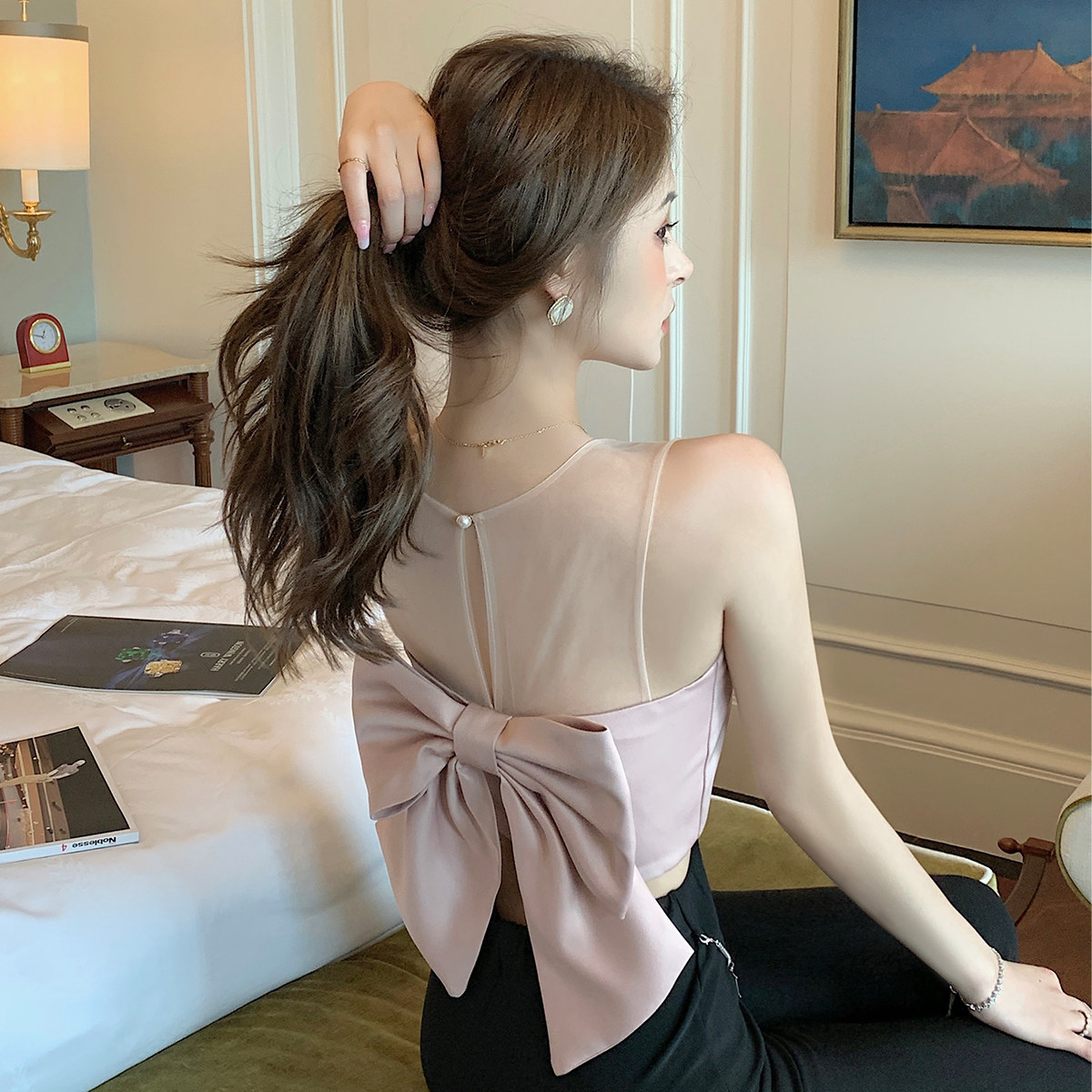 露背蝴蝶结纯欲上衣女夏甜美美网拼接背心吊带背心吊带