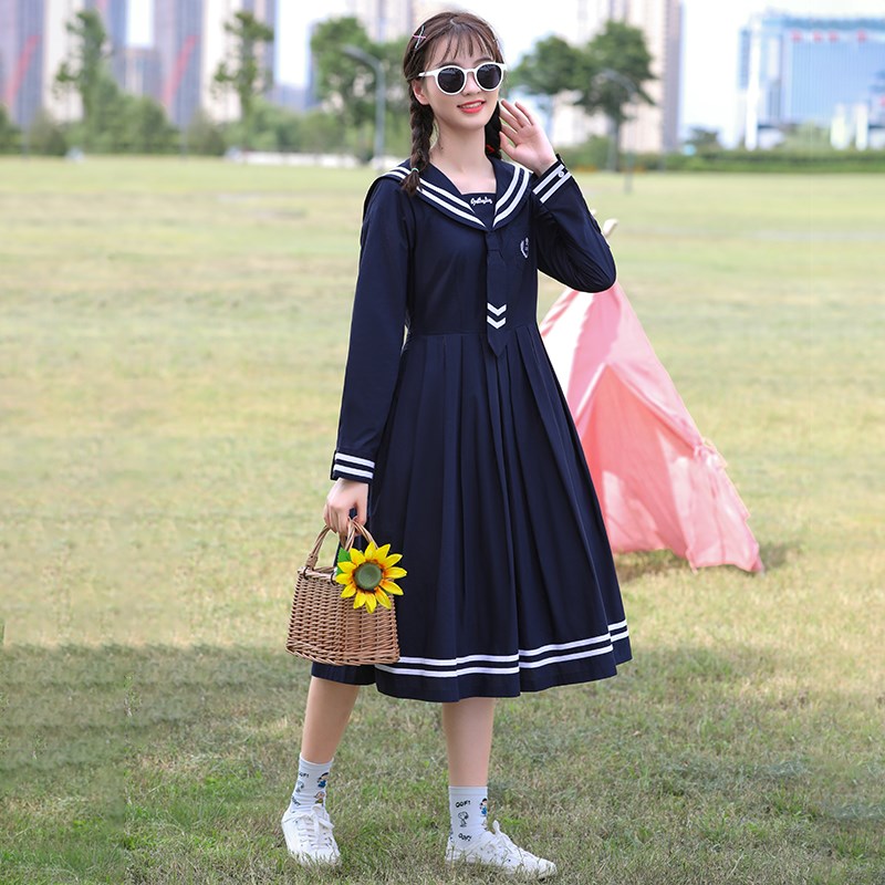 连衣裙海军风日系jk制服少女学院风初中高中学生秋装长裙子 潼思女装