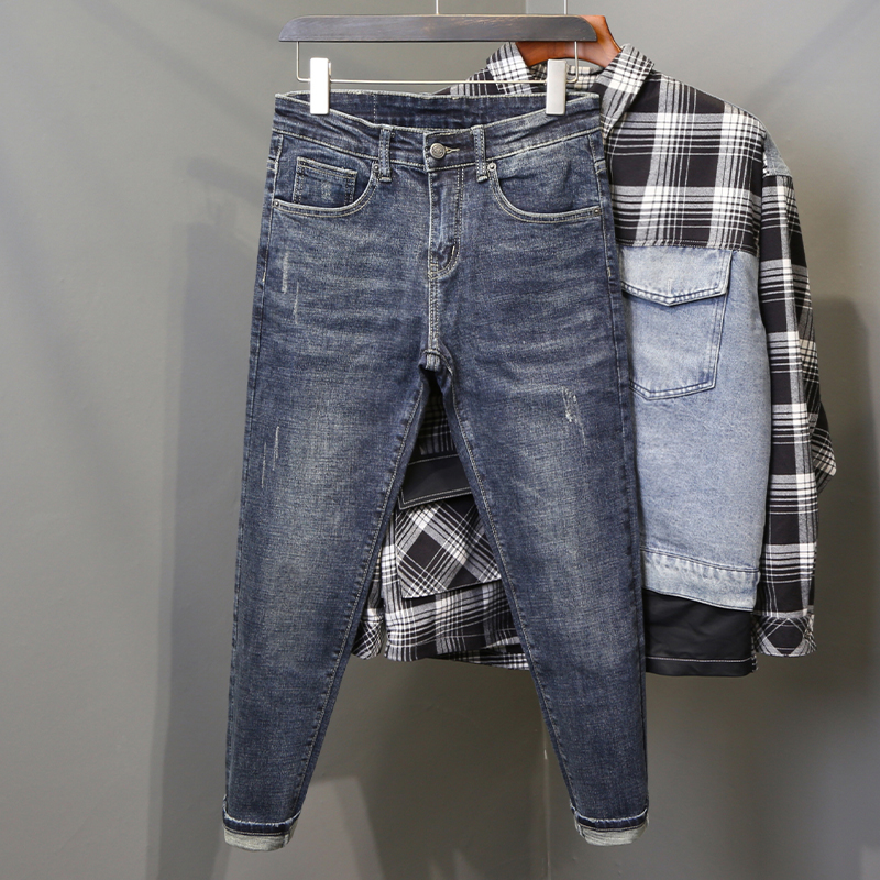 秋冬新款深蓝色简单刮烂九分裤子男士青年修身弹力小脚牛仔长裤潮