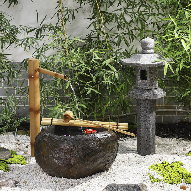 日式流水景观水钵石头水槽天然原石水池庭院石雕
