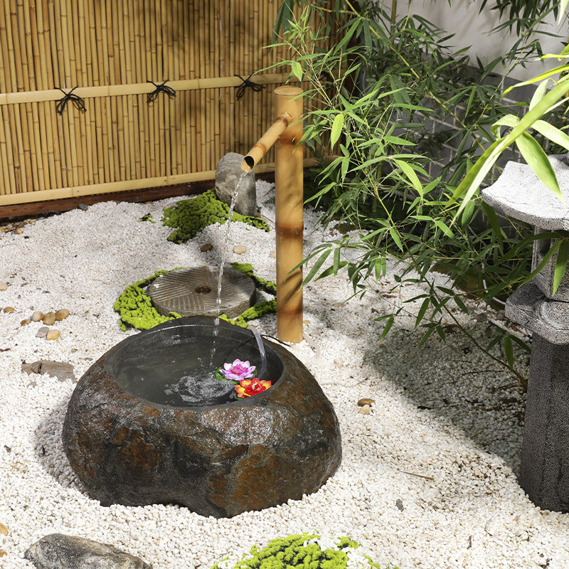 日式流水景观水钵石头水槽天然原石水池庭院石雕