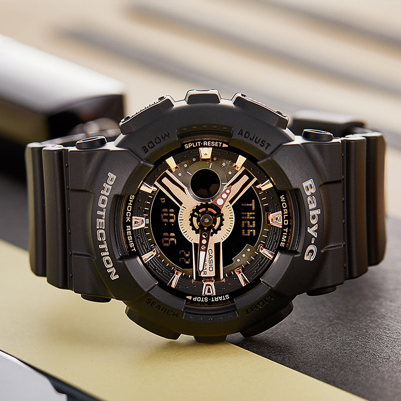 casio卡西欧babyg黑白玫瑰金学生时尚运动手表女ba110rg1a7a