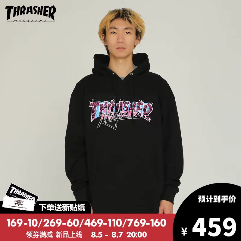 【THRASHER官方】VICE LOGO  HOOD 闪粉网格线火焰logo帽衫卫衣