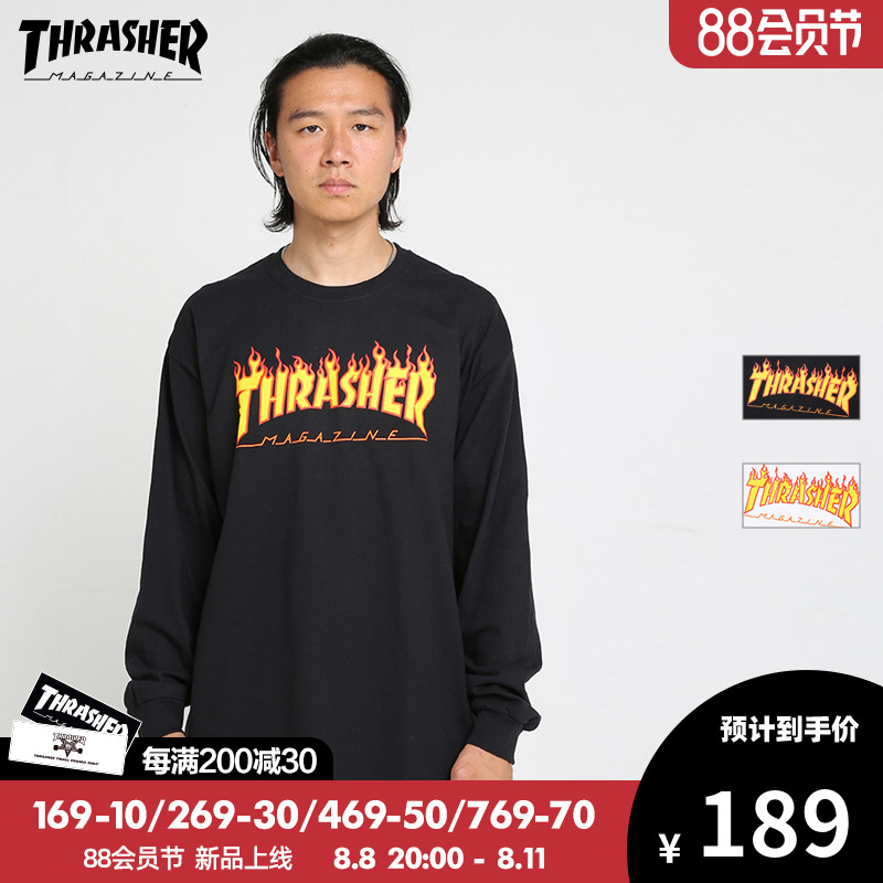 【THRASHER官方】FLAME LONG SLEEVE火焰经典字母长袖T恤