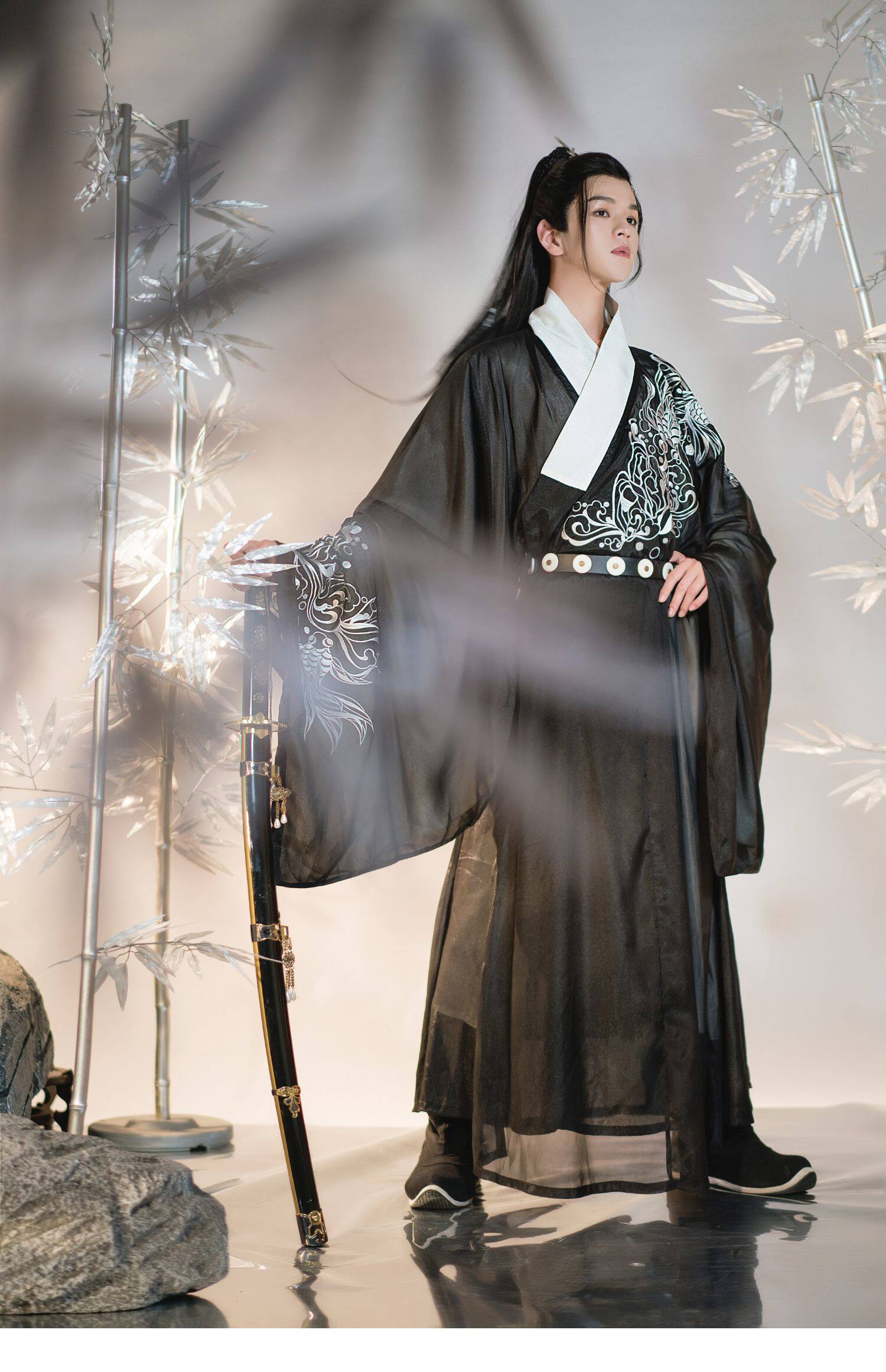 流云宋圆领现货圆领道袍借月明制刺绣浪松金鱼汉服