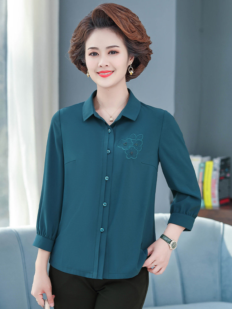 妈妈夏装长袖衬衫2022新款中老年女装春秋衬衣中老年女装