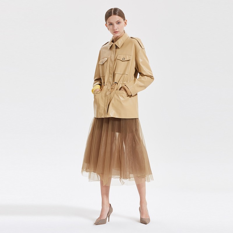 ochirly欧时力新品宽松抽绳翻领休闲pu皮衣外套短外套