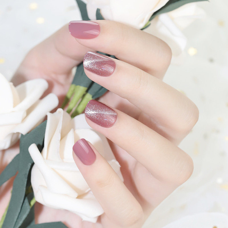 穿戴美甲指甲贴片成品短款可拆卸豆沙粉色猫眼美甲工具