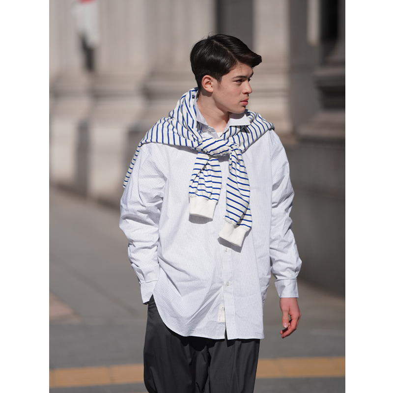 CountryMoment 日系格纹白衬衣男女复古宽松学生百搭休闲长袖衬衫