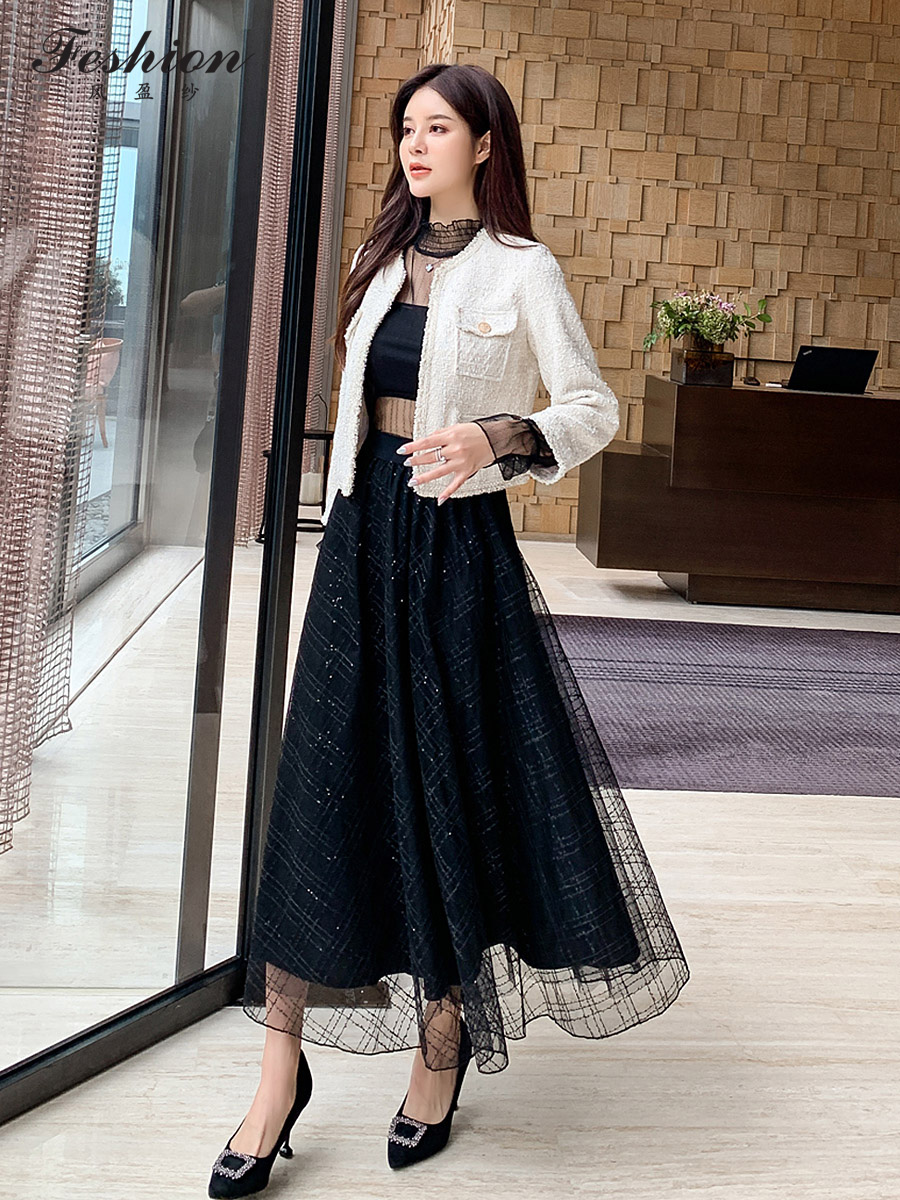 半身长裙网纱蕾丝春秋亮片刺绣格子高腰裙子半身裙