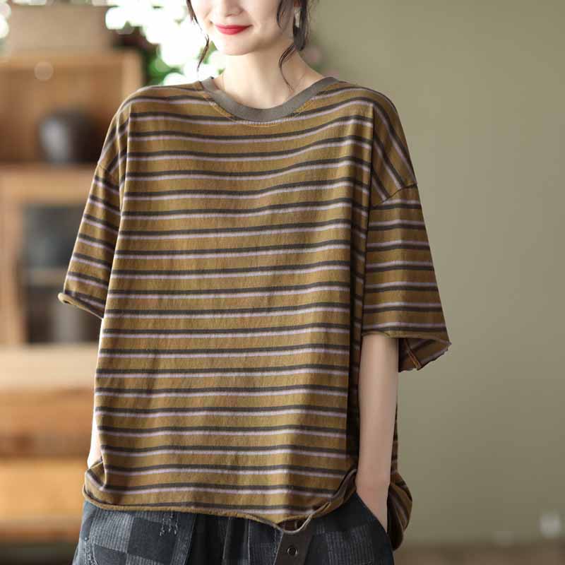 复古圆领条纹短袖T恤女士夏季新款破洞休闲宽松大码套头衫上衣女