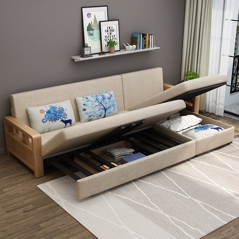 多功能北欧实木伸缩沙发两用单人布艺可折叠双人沙发床