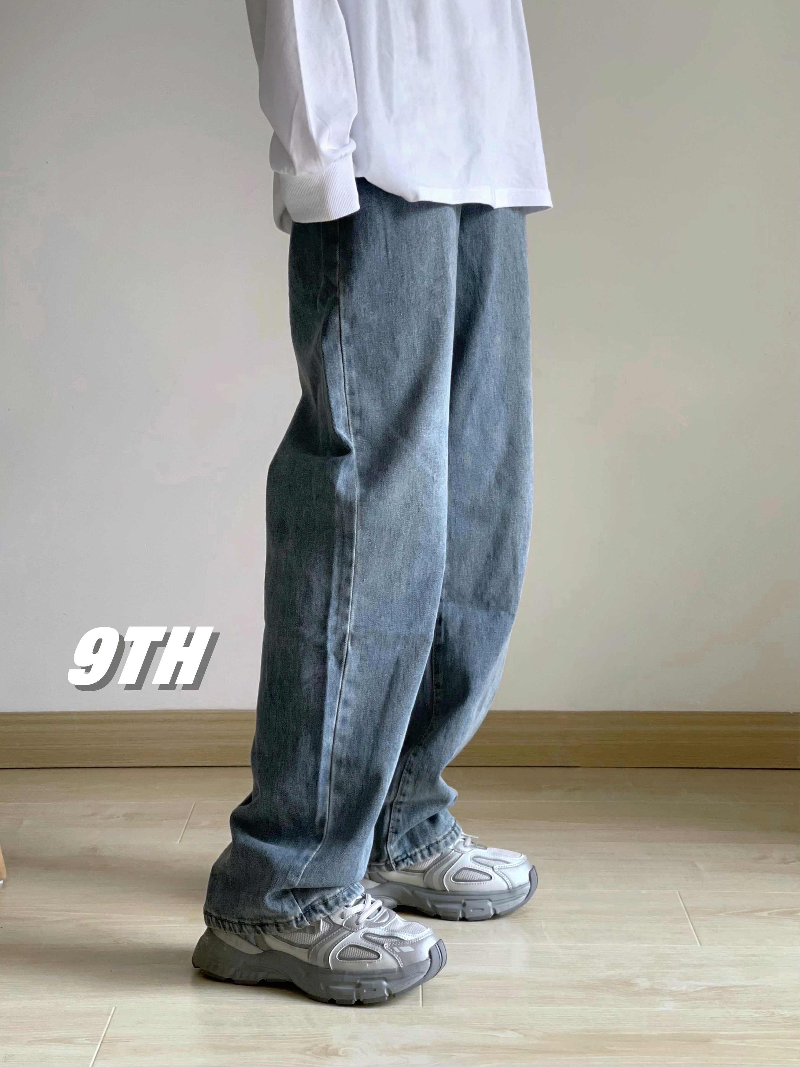 9TH做旧很软的一条牛仔裤~复古蓝高腰长裤直筒阔腿拖地春夏秋季