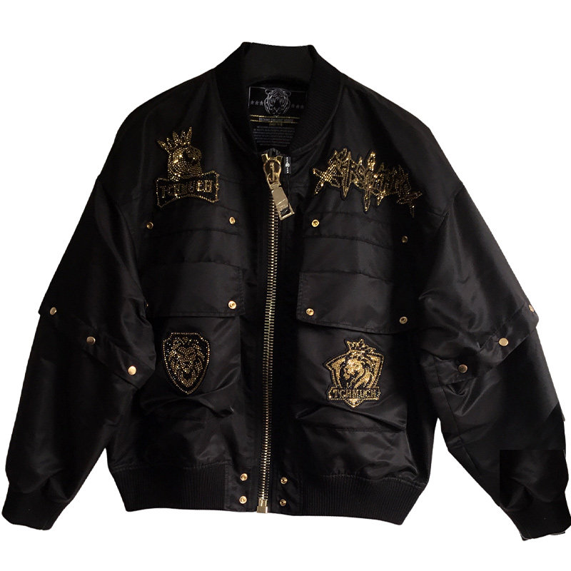 tch潮牌螺纹领烫金钻黑色飞行员夹克t214186002夹克