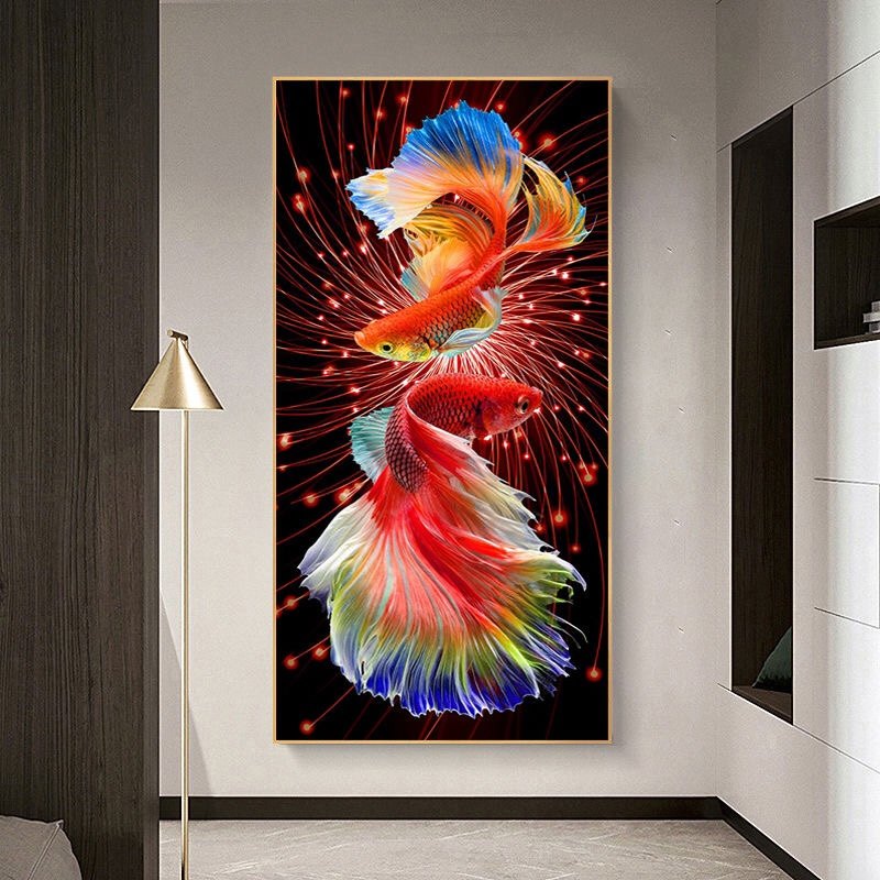 火红锦鲤蒙娜丽莎十字绣满绣精准印花线绣正品玄关十字绣套件