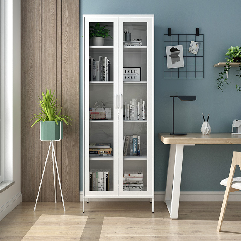 书架落地儿童书柜带玻璃门北欧客厅置物窄柜卧室小书橱金属零甲醛