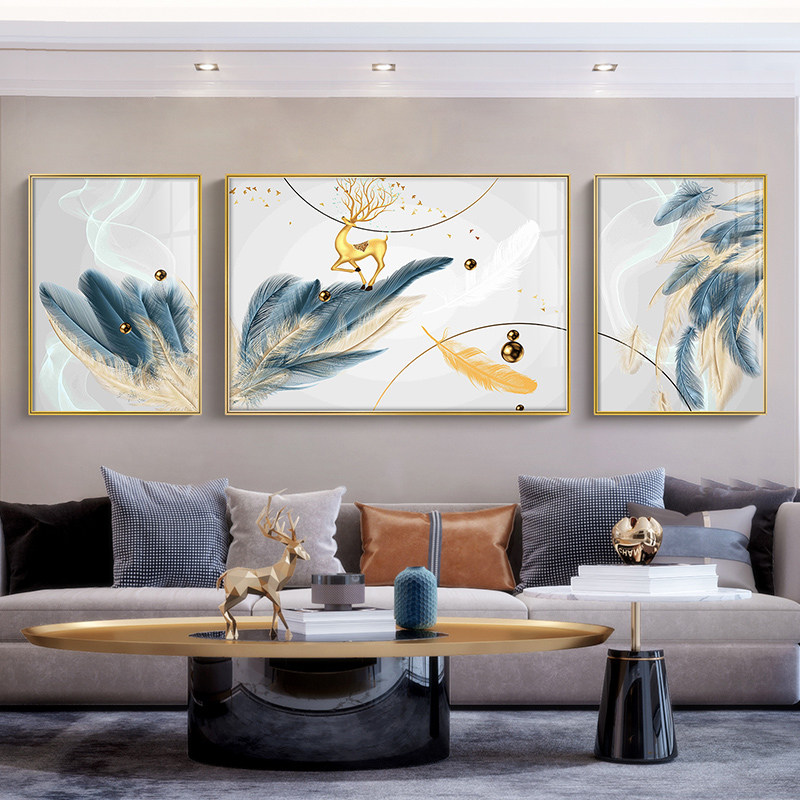 北欧客厅装饰画沙发背景墙画三联画羽毛挂画晶瓷画轻奢现代简约画