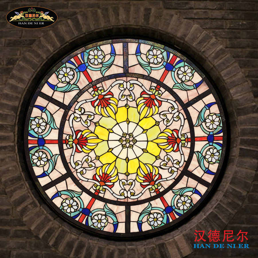 定制蒂凡尼彩色艺术教堂欧式镶嵌复古隔断墙落地圆形窗户吊顶玻璃