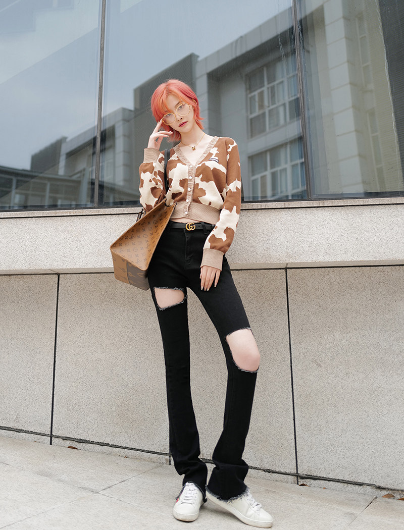 zrde网红破洞巨瘦高个加长微喇喇叭裤牛仔裤女裤牛仔裤