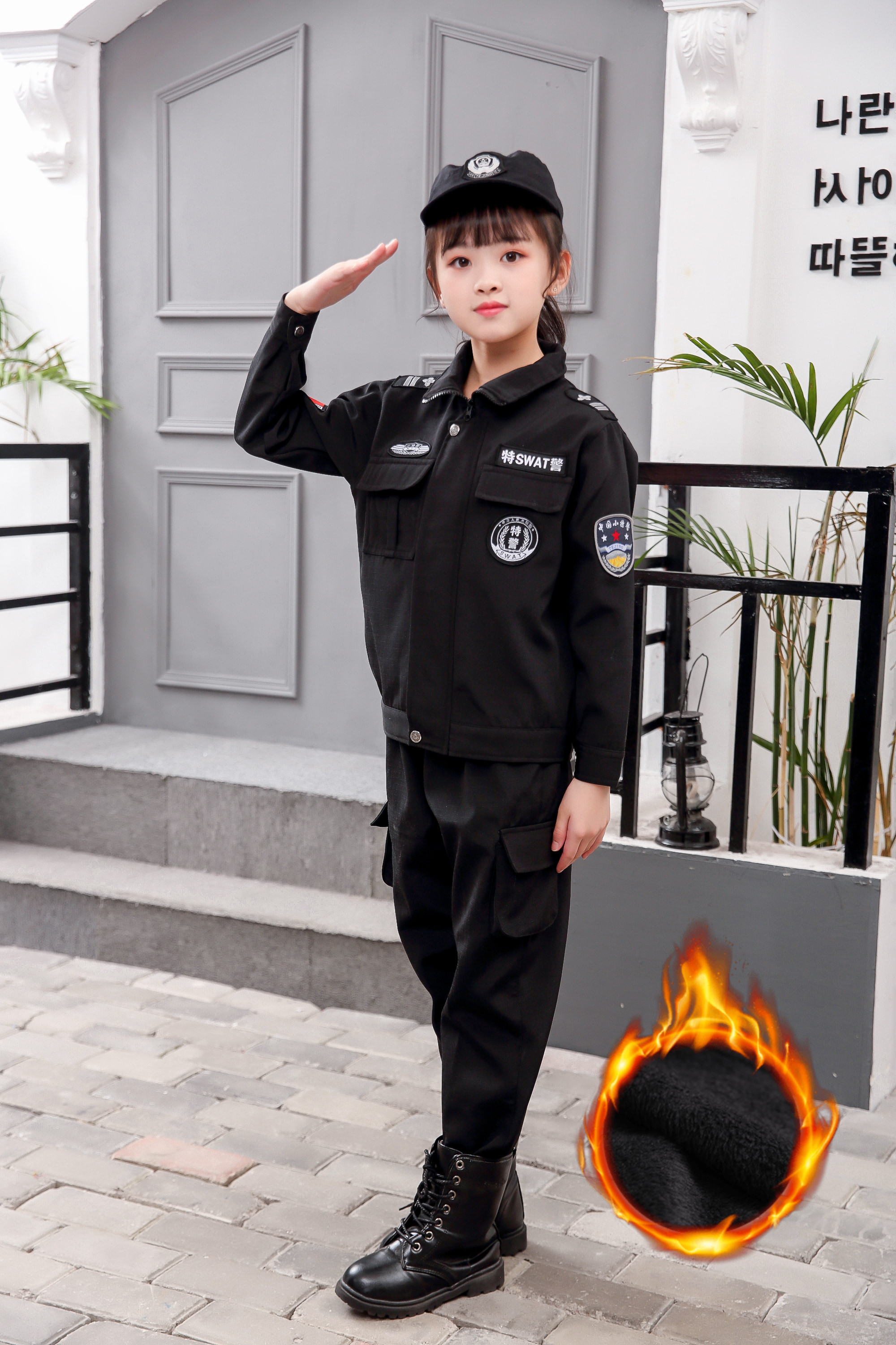 警察儿童演出服加厚加绒特警警服装小套装万圣节民族服装