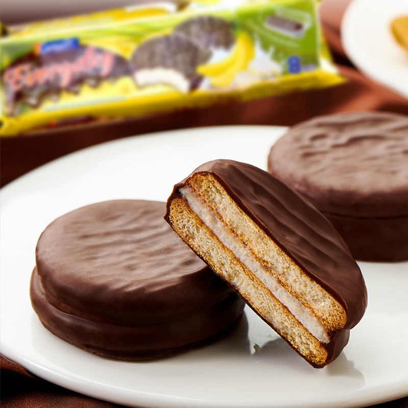 欧美进口卡梅拉草莓香蕉棉花糖夹心可可零食办公威化饼干