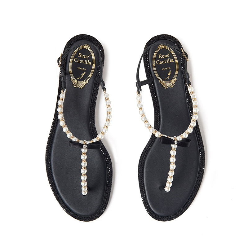 renecaovillaeliza羊皮珍珠装饰低跟夹趾凉鞋rc时装凉鞋