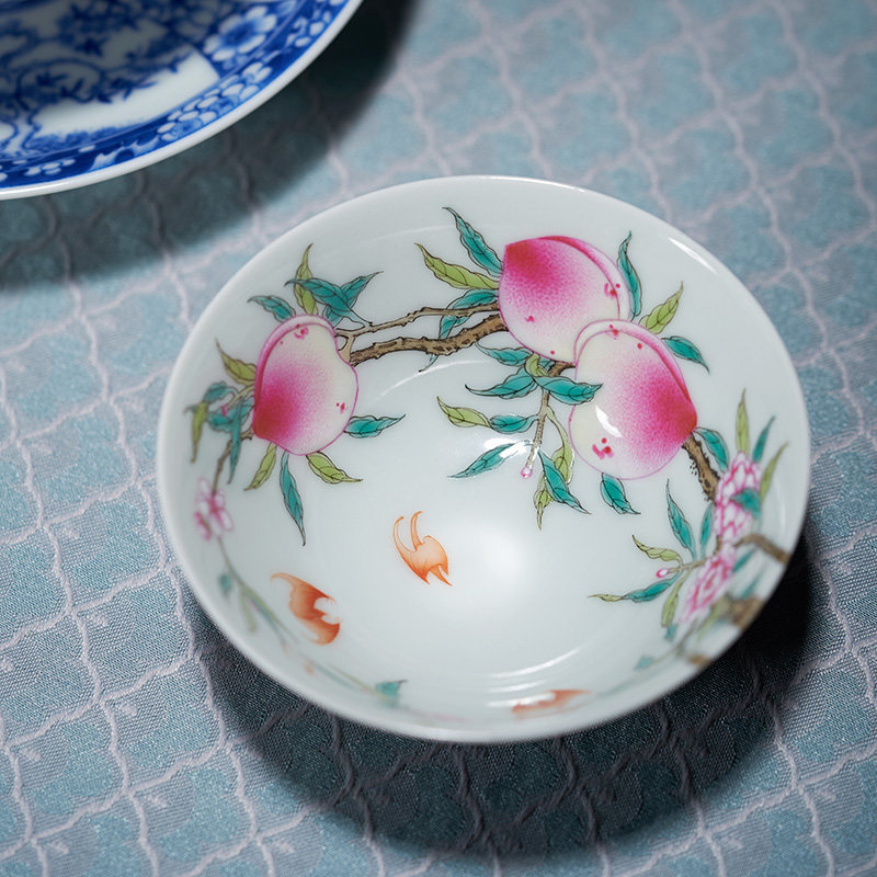 粉彩寿桃茶杯手绘九桃五蝠斗笠单杯茶杯