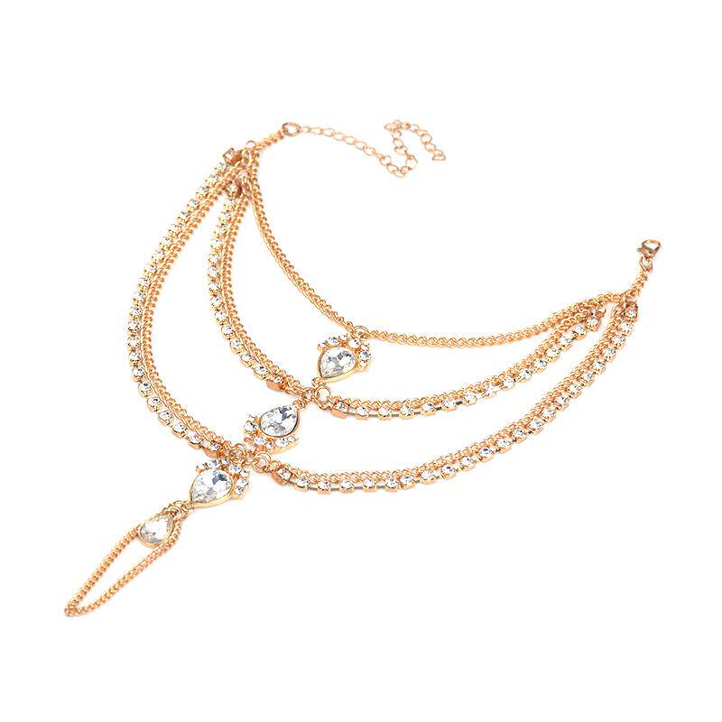 日本欧美时尚金属链条镶钻流苏连指脚链