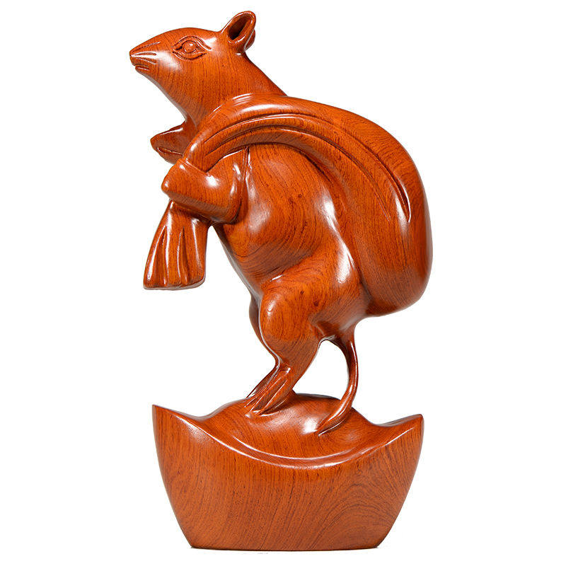 花梨实木雕刻老鼠摆件木头根雕运财十二生肖红木摆件