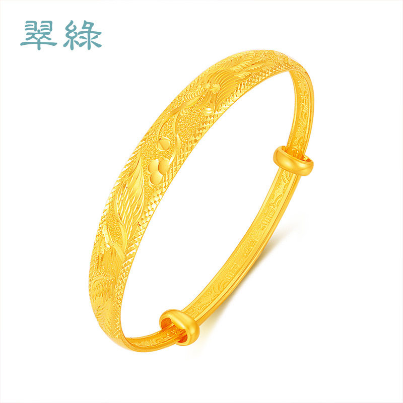 翠绿黄金手镯足金999龙凤女镯子结婚婚庆推拉活口实心手镯纯金-小洞天