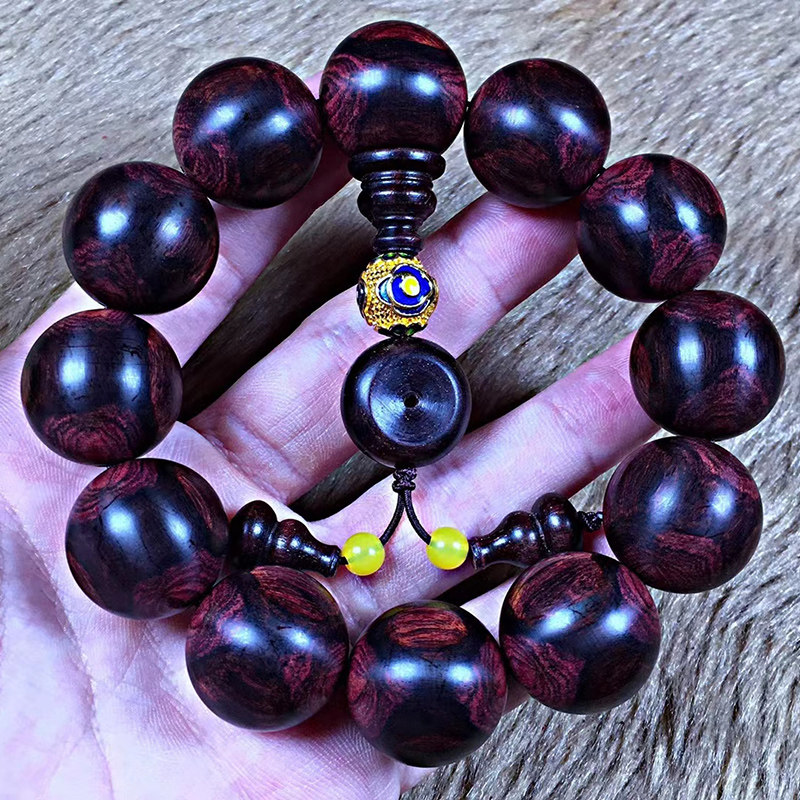 见沁海南黄花梨紫油梨老12颗实木佛珠手串蜘蛛手链