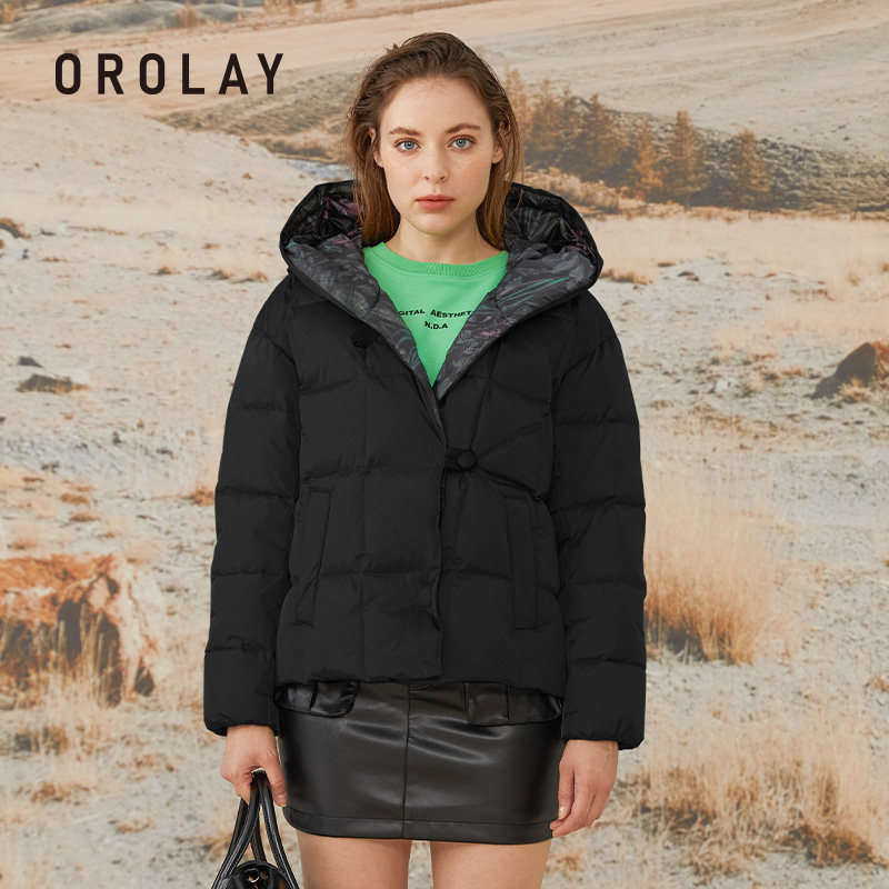orolay欧绒冬季新款印花短款简约防寒保暖交叠羽绒服