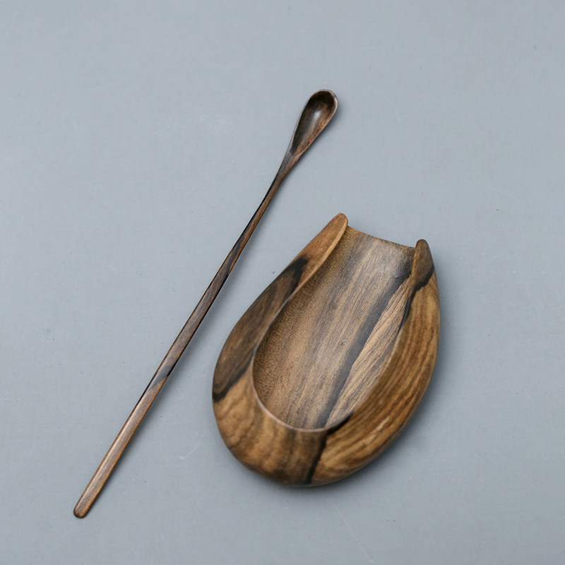 日式手工整木一体挖制黑柿木茶则二件套禅意赏茶荷茶勺茶拨茶配件-mc