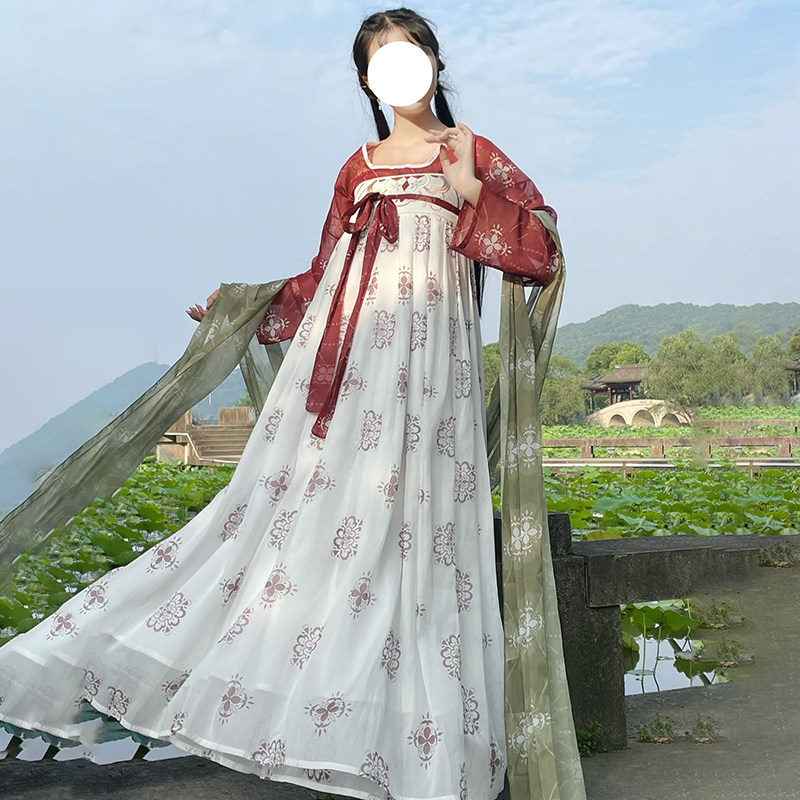 尚等原创汉服女【花夏】坦领一片式齐胸襦裙刺绣印花日常春夏正品