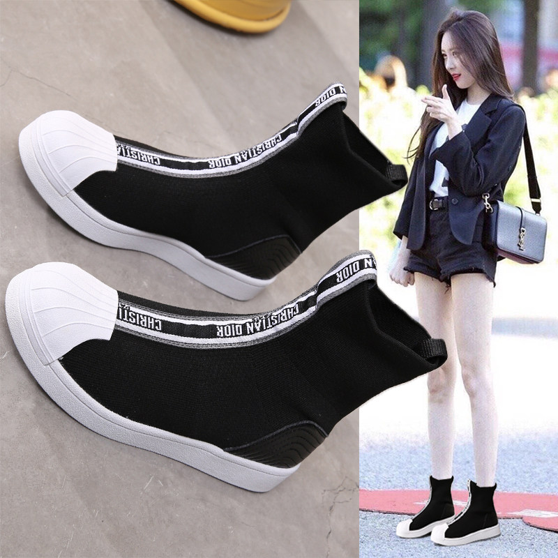 鞋袜高帮贝壳袜子鞋女2021春季新款网红针织时装靴