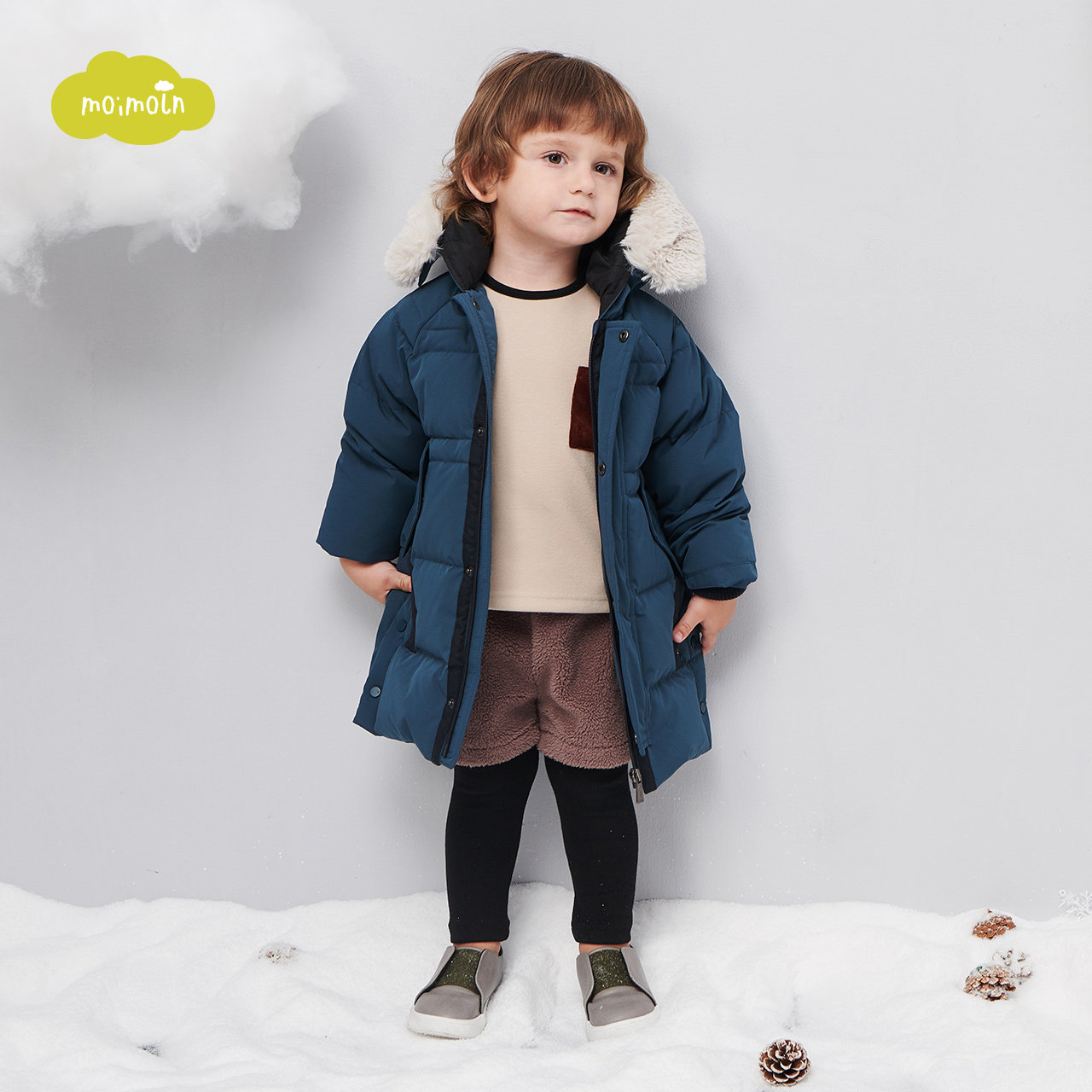 moimoln小云朵童装男宝春秋新款毛领棉服纯色尖头帽中长款羽绒服