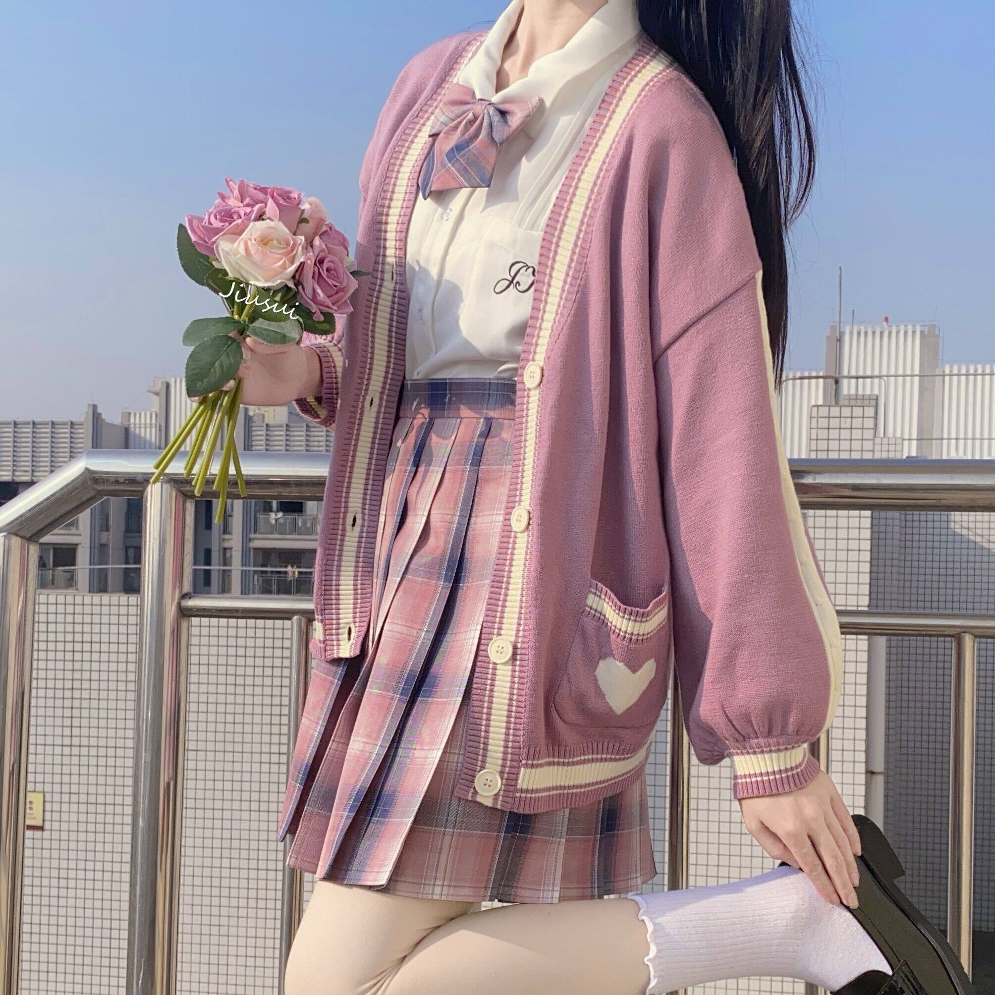 粉格女学生裙少制服jk格格原创花诗心愿奶兔半身裙