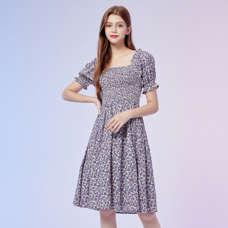 秋水伊人连衣裙夏装新款女装碎花一字修身小清新少女连衣裙