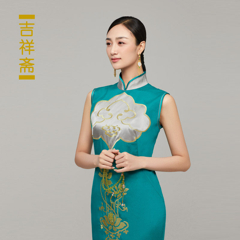 吉祥女装婉君旗袍立领青莲纹绣真丝国风礼服民族服装
