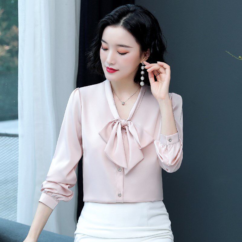 重磅真丝衬衫春装女士长袖气质时尚蝴蝶结绸缎衬衫