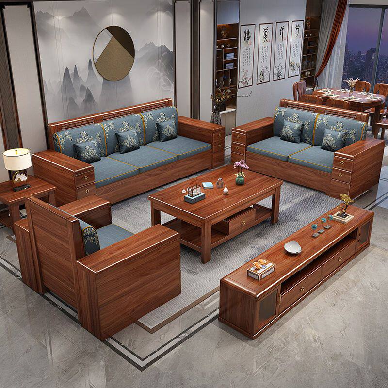 沙发梵宜金丝胡桃木中式实木组合冬夏两用客厅实木沙发