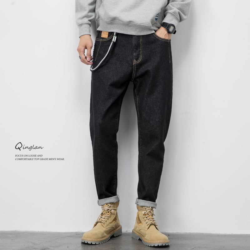 秋冬款黑色牛仔裤男潮宽松直筒美式休闲锥形弹力裤子加绒加厚冬季