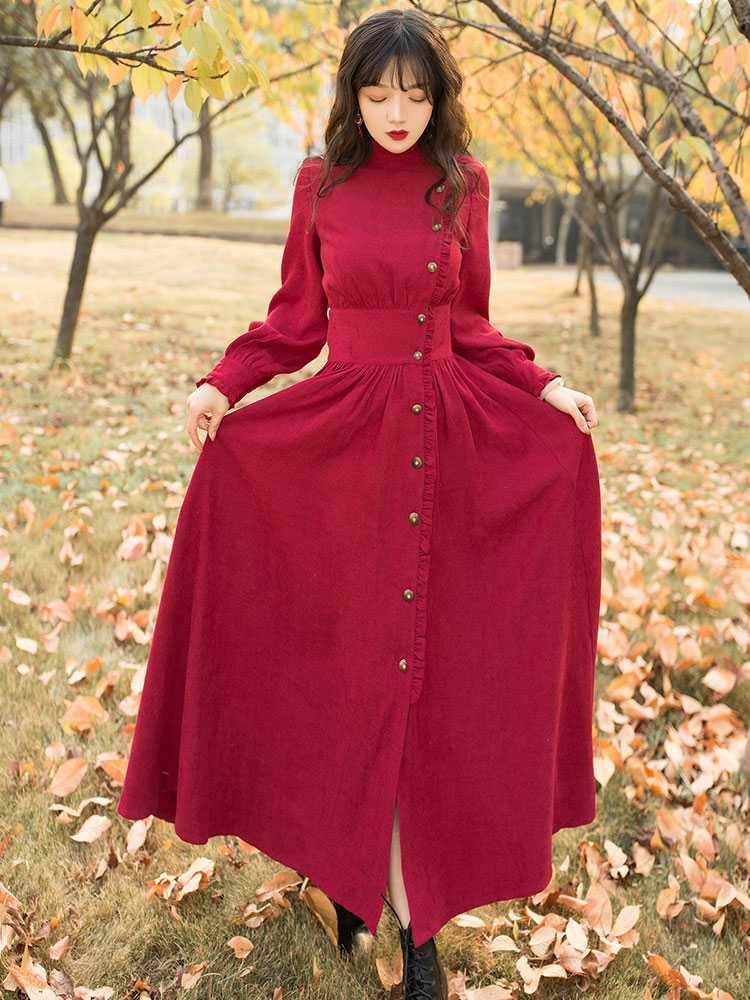 复古红色赫本连衣裙长袖早秋新款小红裙木耳边cosplay女装