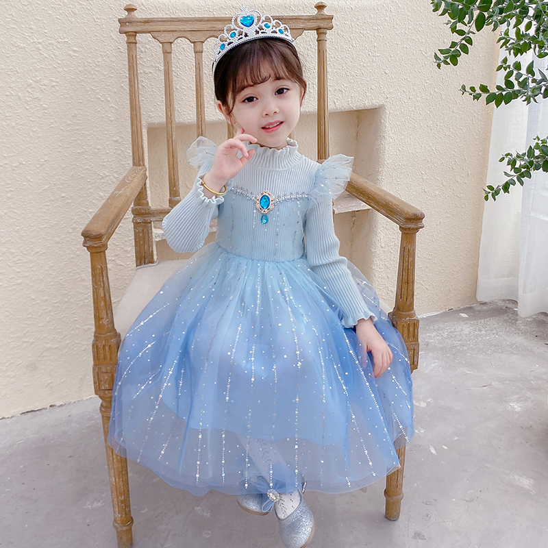 艾莎毛衣冰雪奇缘网红爱莎针织连衣裙2020新款2-10岁女宝宝公主裙