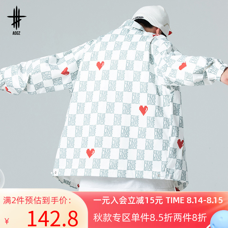 AOGZ外套男春秋新款ins潮流潮牌嘻哈棋盘格爱心纯棉情侣教练夹克