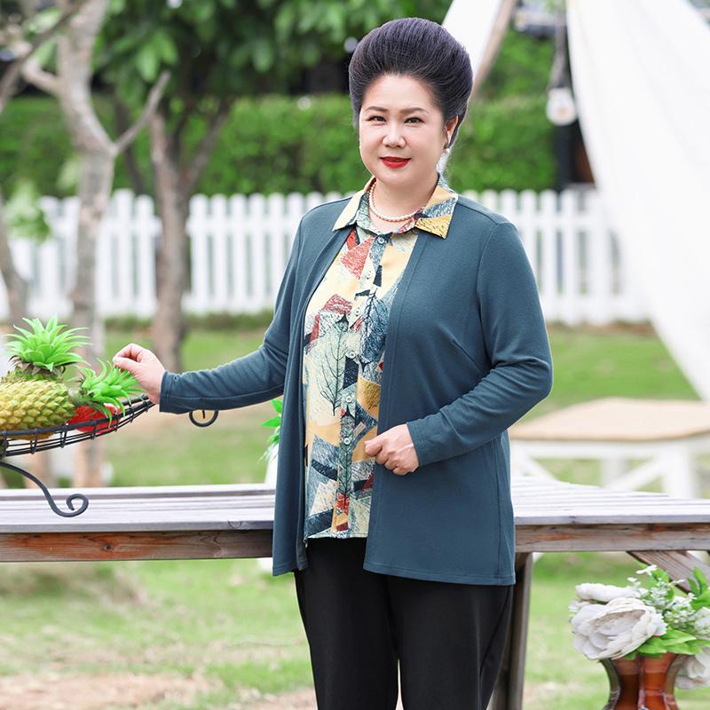 日本200斤恤加长袖妈妈胖妈宽松cz衣时尚两件中老年女装